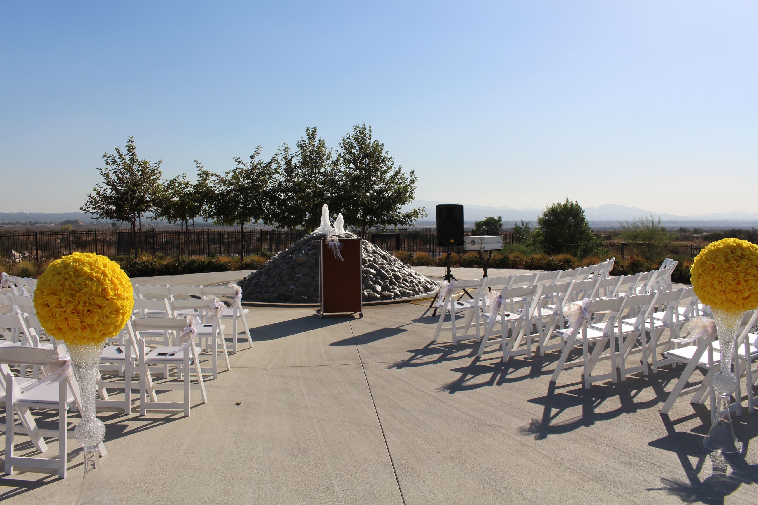 Fountain area set up with folding chairs